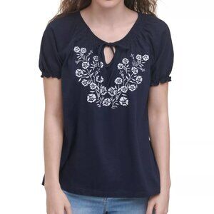 NWT TOMMY HILFIGER Blue Embroidered Ruffled Keyhole-tie Floral Pouf Sleeve XXL